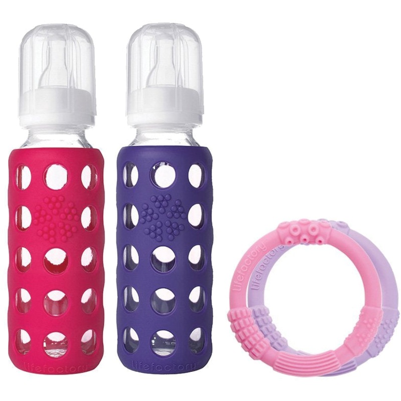Lifefactory Glass Baby Bottle Gift Set, 9 oz – Raspberry/Royal Purple