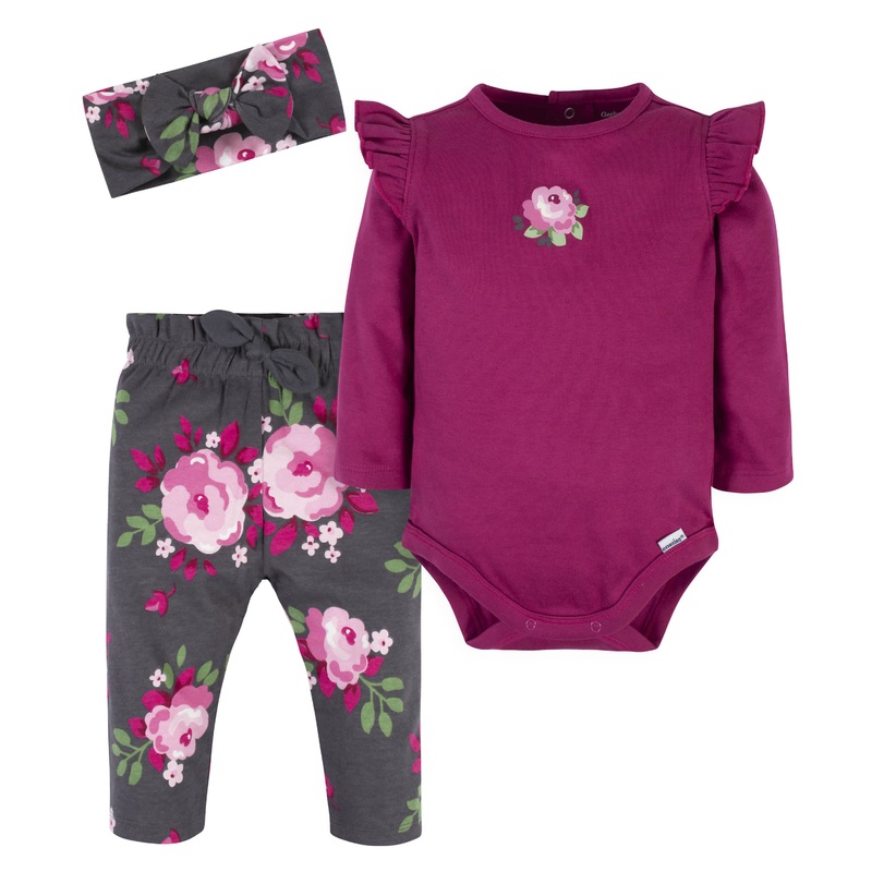 3-Piece Baby Girls Burgundy Garden Onesies Bodysuit, Pants & Headband Set