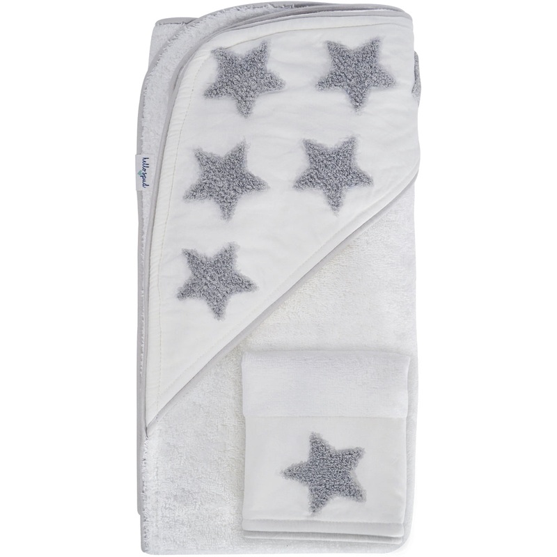 Hello Spud Organic Cotton Hooded Towel and Washcloth Set – Gray Stars