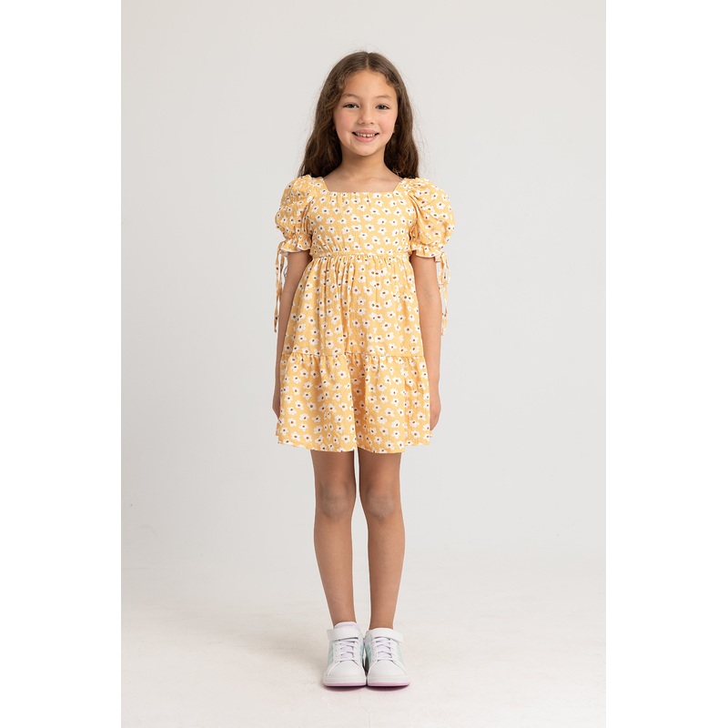Girls Short-Sleeved Dress with Ruffled Shoulders