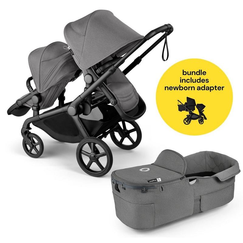 Bugaboo Kangaroo All-Position Newborn Double Stroller Bundle – Black / Moon Grey / Moon Grey