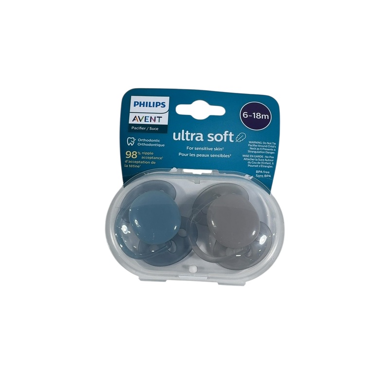 Philips Avent Ultra Soft Pacifier 2 Pack, Blue/Grey, 6-18 Months