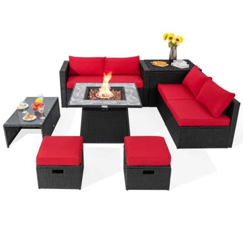 9 Pieces Outdoor Wicker Sectional With 35 Inch Gas Fire Pit Table-Red