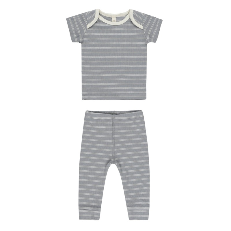 Quincy Mae – Organic Ribbed Short Sleeve Tee + Legging Set – Blue Pinstripe
