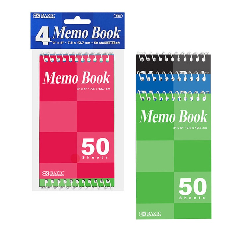 BAZIC 50 Ct. 3″ X 5″ Top Bound Spiral Memo Books (4/Pack)