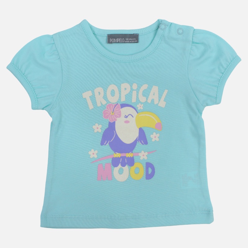 Baby Girls Cotton T-Shirt  Aqua with Parrot Design