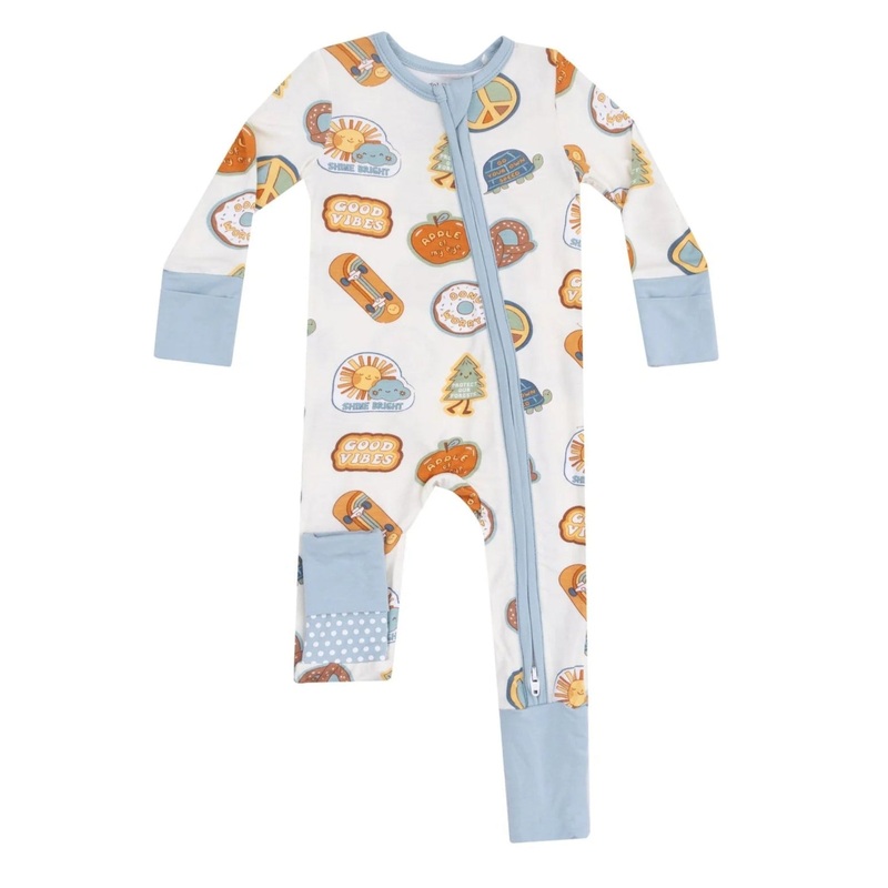 Groovy Vibes Stickers Blue 2 Way Zipper Romper