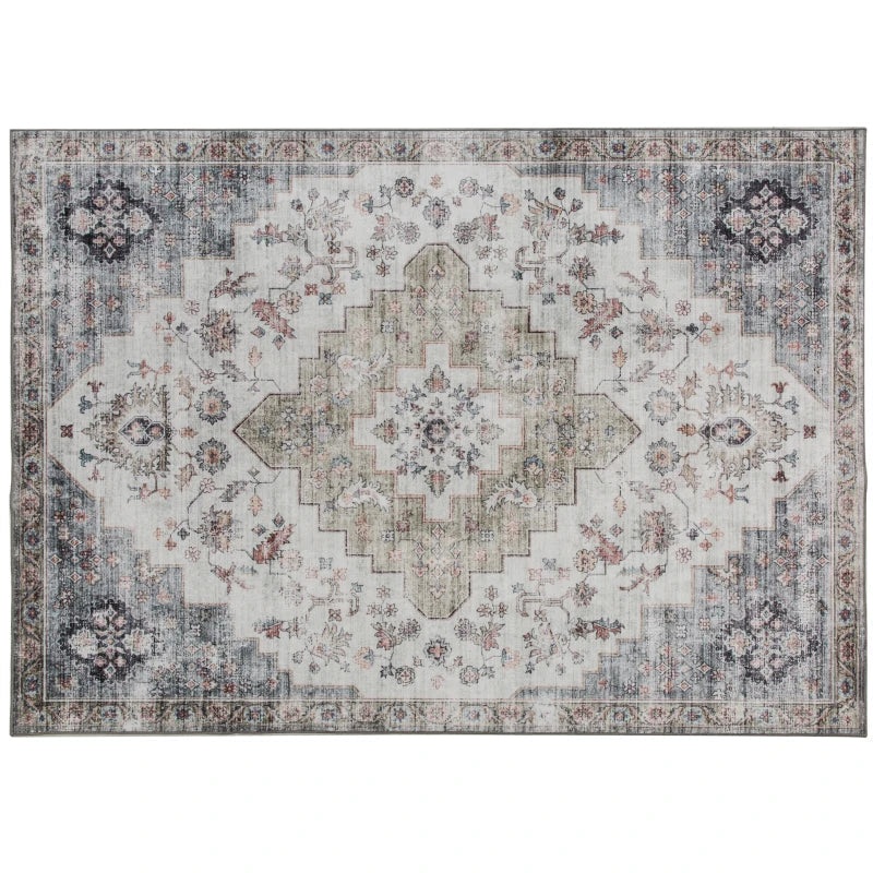 HOMCOM 8×10 Area Rug, Vintage Machine Washable Rug, Non-Slip Carpet for Living Room, Bedroom, Dining Room, Brown and Green