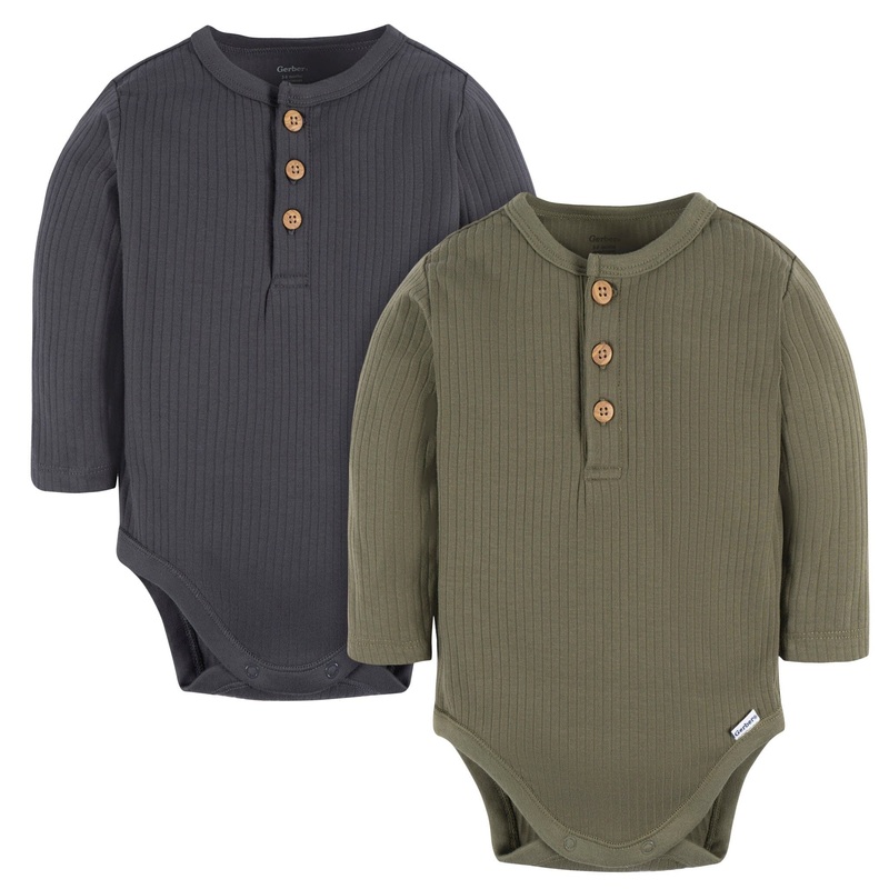 2-Pack Baby Boys Charcoal & Green Henley Onesies Bodysuits