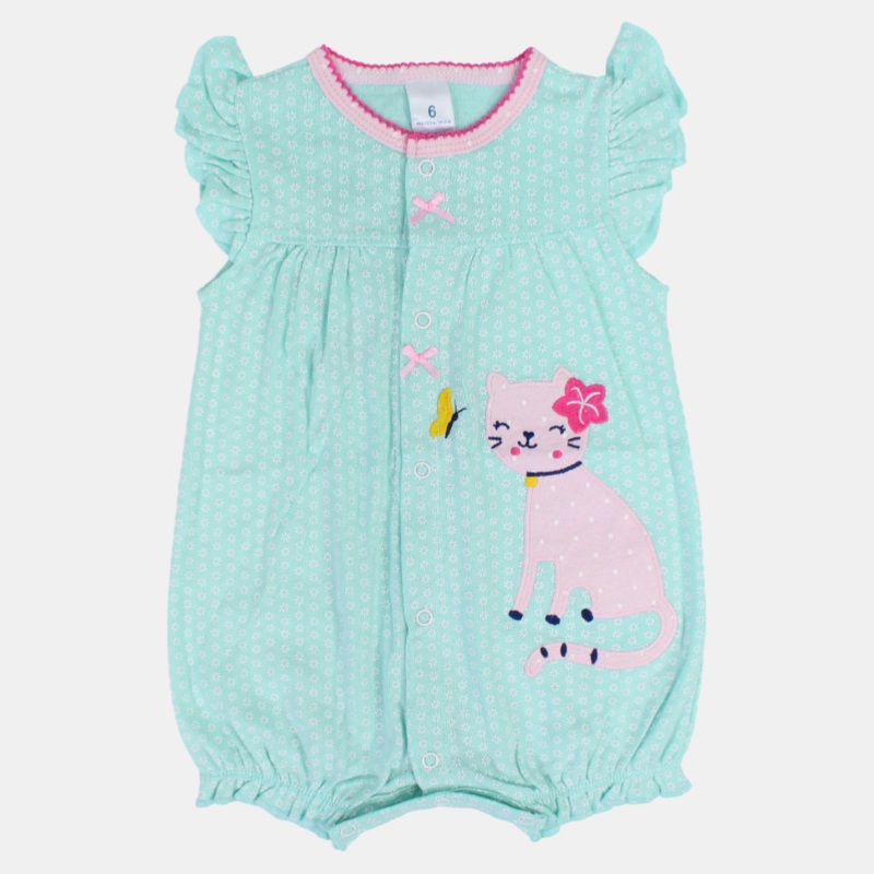 Baby Girls Cotton Romper  Aqua with Cat & Butterfly Print