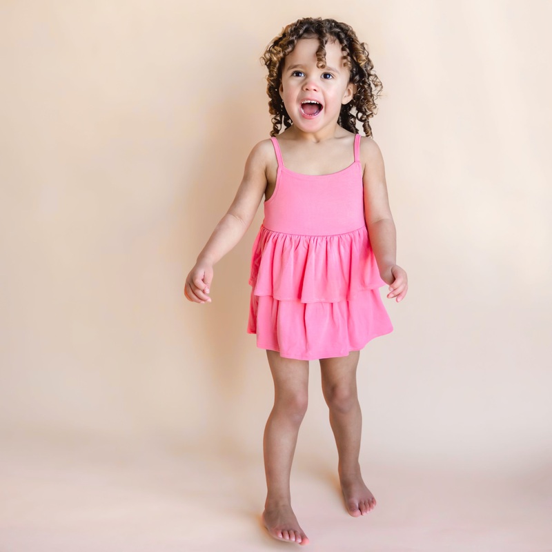 Spaghetti Strap Ruffle Romper in Guava