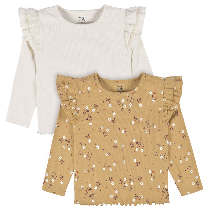 2-Pack Toddler Girls Mustard Floral Double Ruffle Tops, 5T