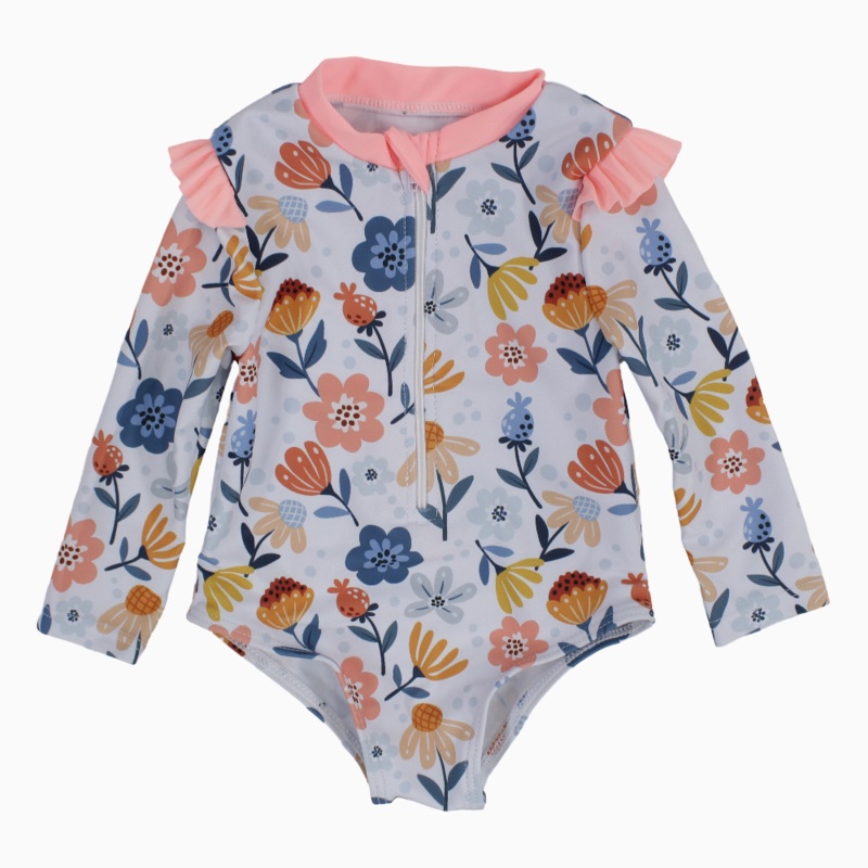 Baby Girls Long-Sleeved Swimsuit  White with Floral Accent