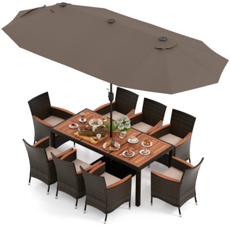 11 Pieces Patio Dining Set With 15 Feet Double-Sided Patio Umbrella and Base-Coffee