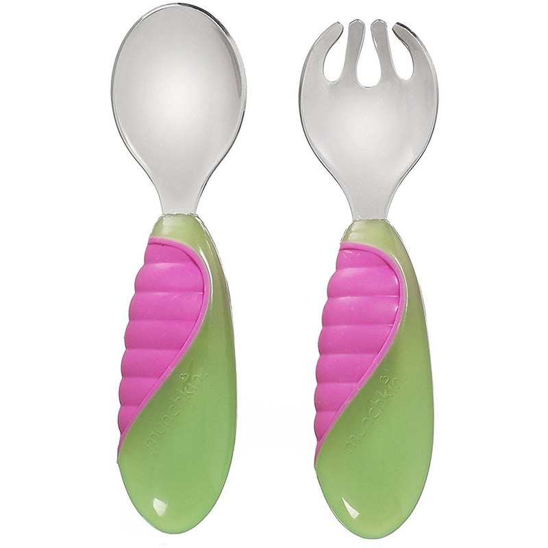 Munchkin Mighty Grip Fork & Spoon Set – Green/Pink
