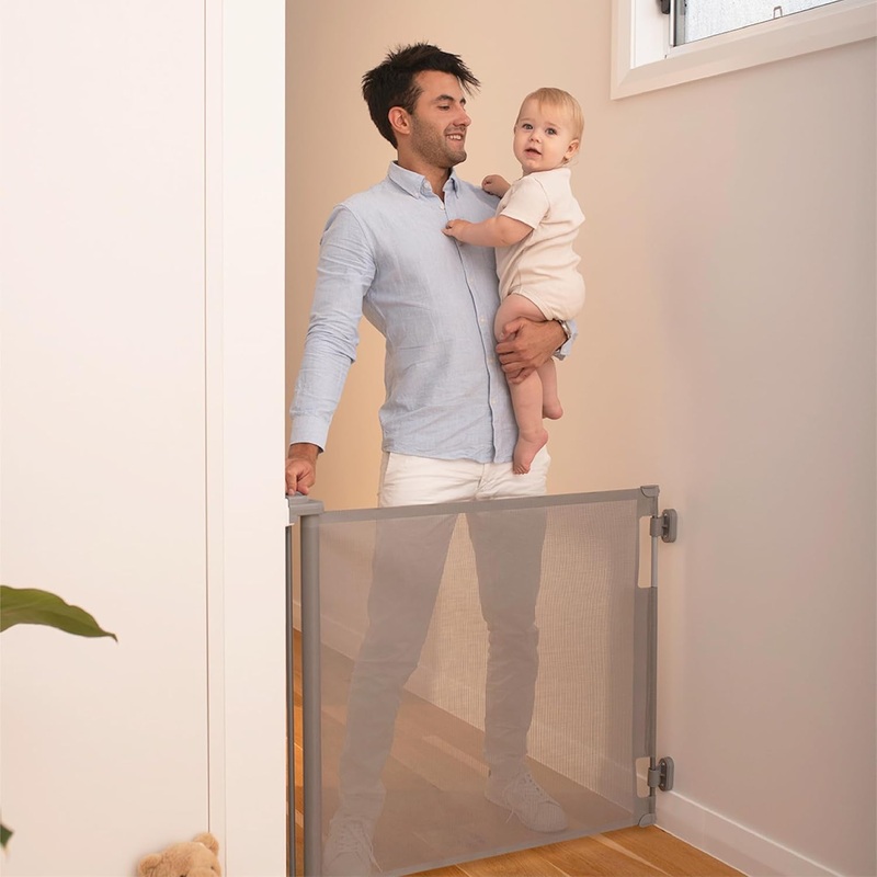 Perma Child Safety Indoor/Outdoor Retractable Baby Gate, Gray, 33″x71″