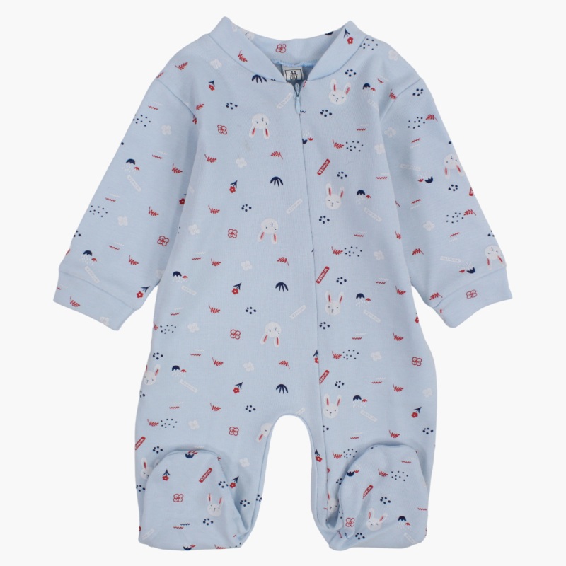 Long-Sleeved Baby Footie  Baby Blue with a Cute Print