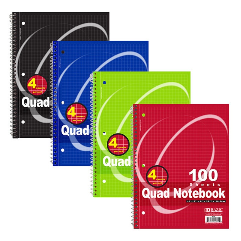 BAZIC 100 Ct. Quad-Ruled 4-1″ Spiral Notebook