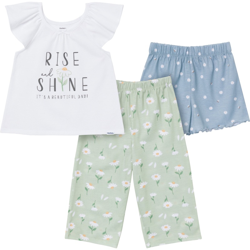 3-Piece Toddler Girls Daisies T-Shirt, Shorts & Pants Pajama Set