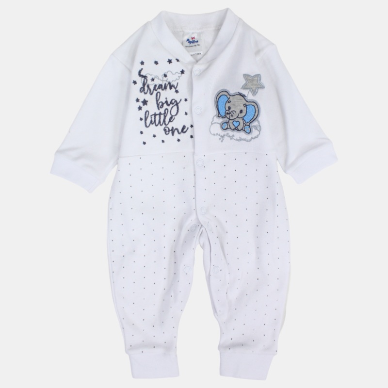 Baby Boys Cotton Footless Onesie  Off-White with Elephant and Star Design