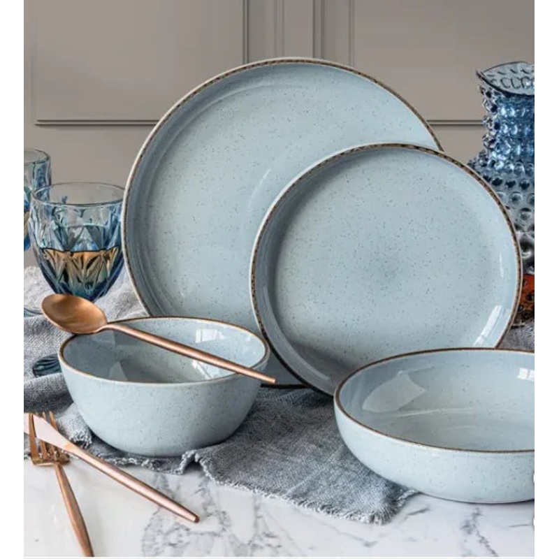 Blue Linen Round Stoneware 16-Piece Dinnerware Set (See Description)