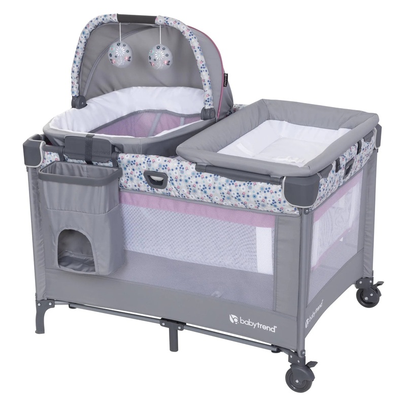 Baby Trend Nursery Den Playard with Rocking Cradle – Daisy Pink
