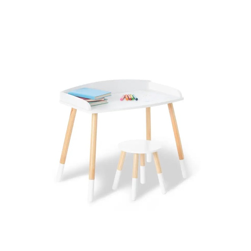Modern Study Desk and Stool Set – White w/ Natural