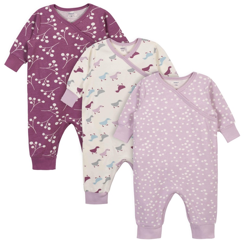3-Piece Baby Girls Comfy Stretch Ducklings Coverall Set