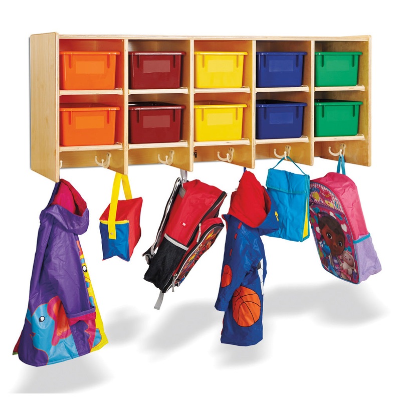 Jonti-Craft 10 Section Wall Mount Coat Locker – with Colored Trays
