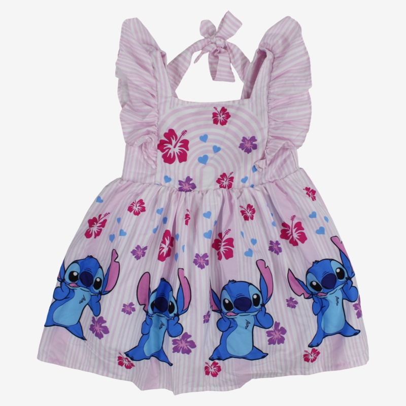 Girls Cotton Dress  Pink with Stitch Print
