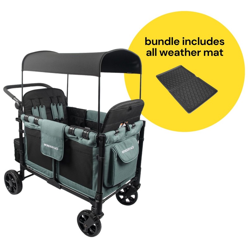 WonderFold W4 Elite Multifunctional Quad (4 Seater) Stroller Wagon + All Weather Mat Bundle – Hunter Green