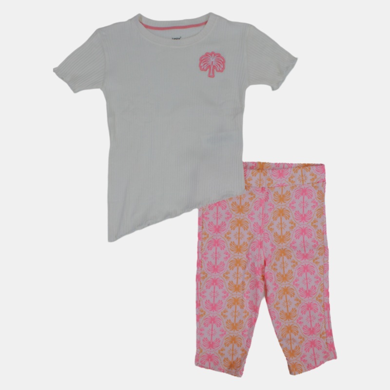 Girls Short-Sleeved Cotton Pajama Set  Off-White Tropical Design