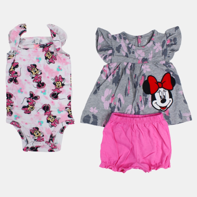 Baby Girls Sleeveless Cotton 3-Piece Outfit Set – Grey with Minnie Mouse Design