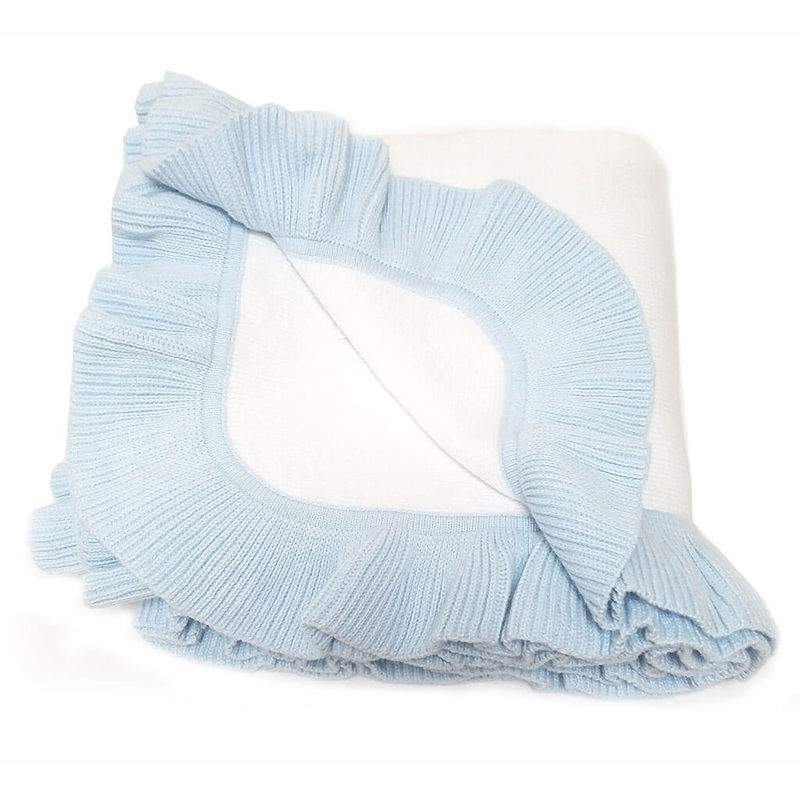 Jersey Knitted Ruffle Blanket White/Blue