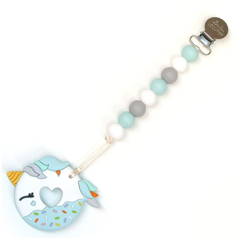 Loulou Lollipop Blue Unicorn Donut Silicone Teether Holder Set – Blue Gray