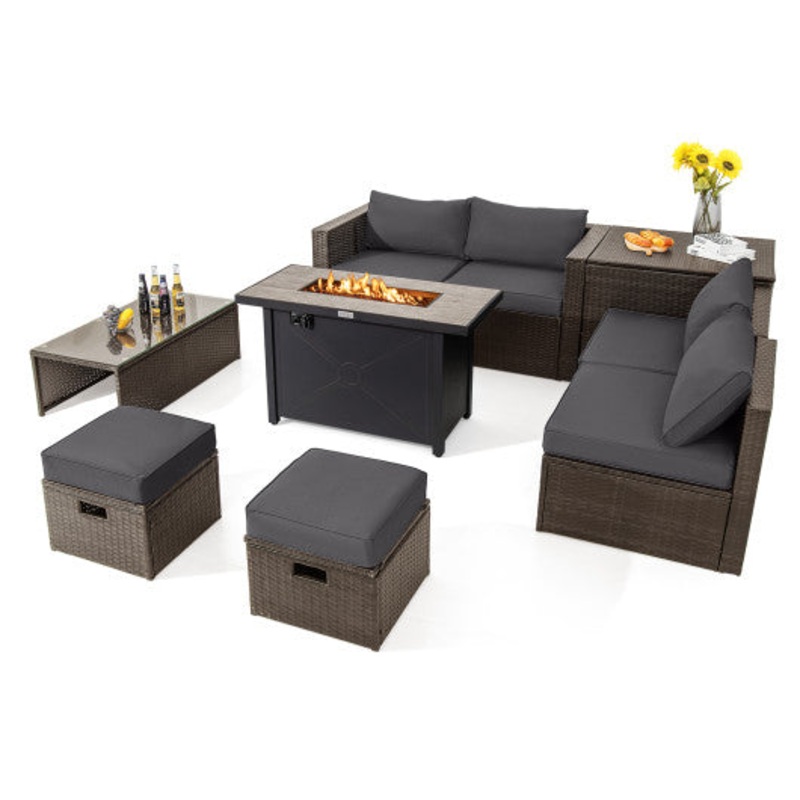 9 Pieces Outdoor Patio Furniture Set With 42 Inch Propane Fire Pit Table-Gray