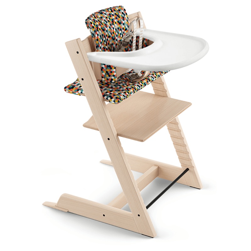 Tripp Trapp High Chair and Cushion with Stokke Tray Bundle – Natural / Honeycomb Happy / White