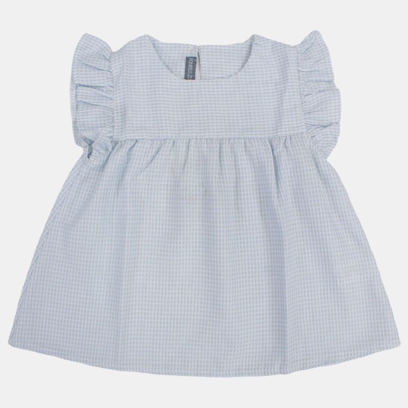 Baby Girls Cotton Blouse  Light Blue with Ruffled Shoulders