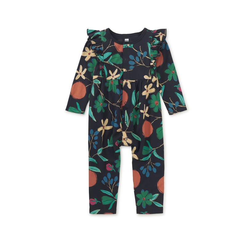 Tea Collection Snap Front Ruffle Baby Romper – Tea Floral