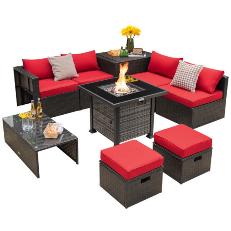 Outdoor 9 Pieces Patio Furniture Set With 50 000 BTU Propane Fire Pit Table-Red