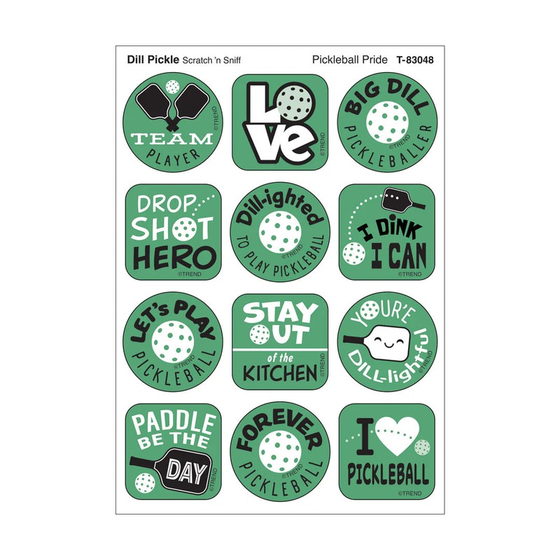 Pickleball Pride, Dill Pickle scent Scratch ‘n Sniff Stinky Stickers  Mixed Shapes