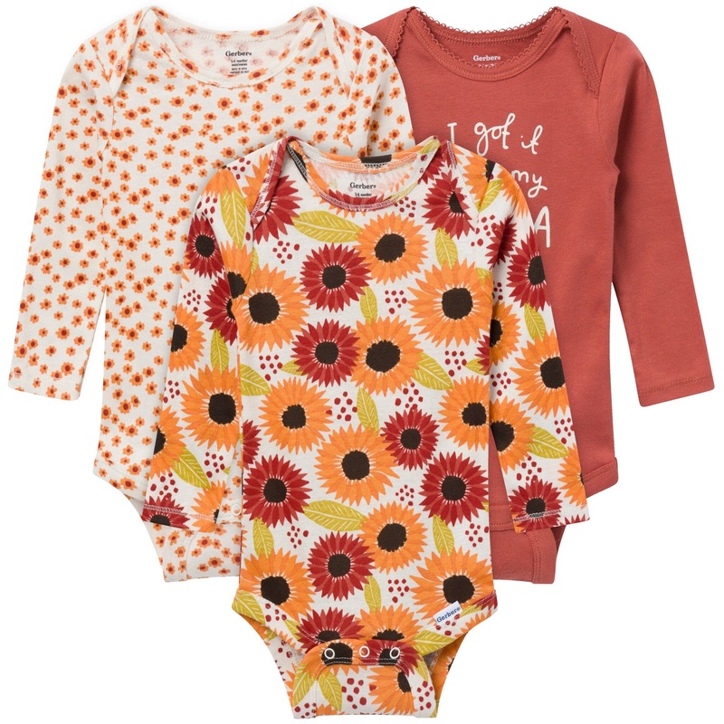 3-Pack Baby Girls Sunflower Long Sleeve Onesies Bodysuits