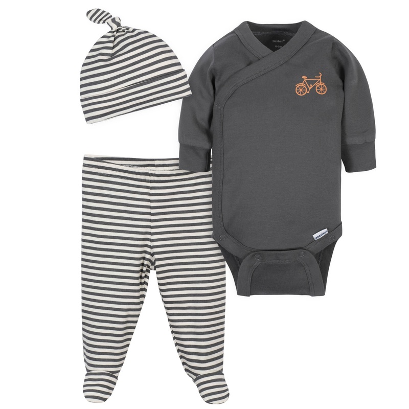 3-Piece Baby Boys Comfy Stretch Bicycle Onesies Bodysuit, Footed Pant and Cap Set