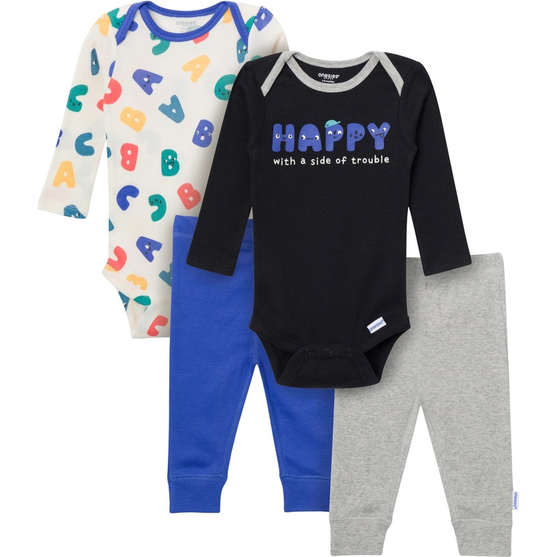 4-Piece Baby Boys Happy Letters Onesies Bodysuits and Pants