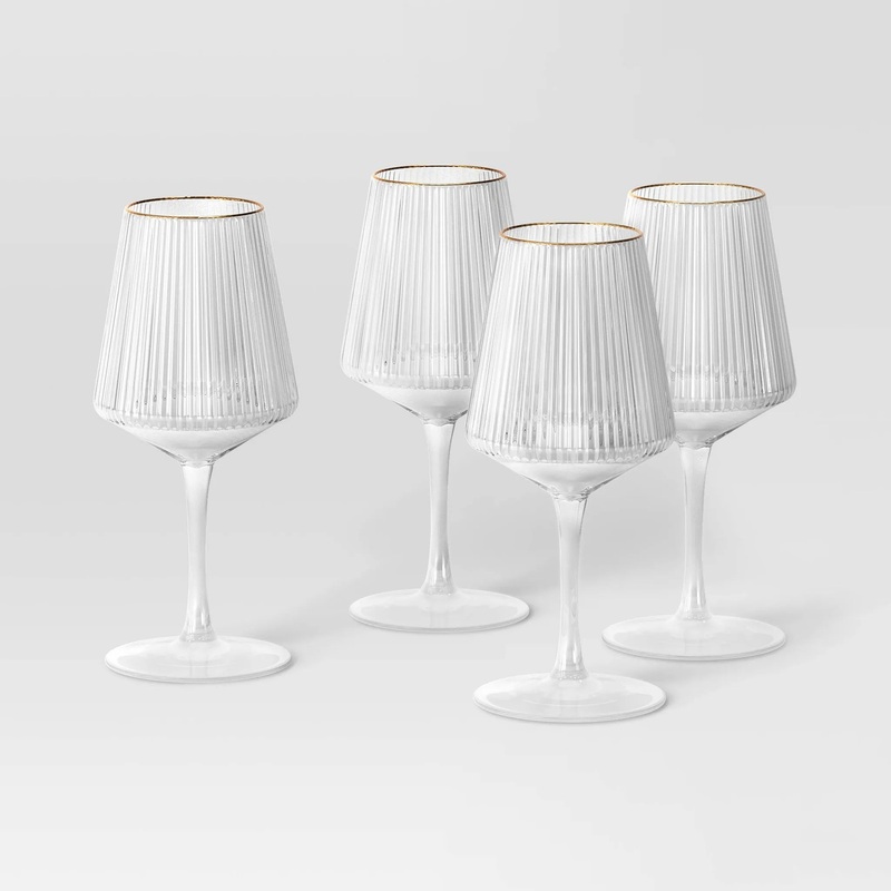 16.9oz 4pk Ribbed Stemmed Wine Glasses Gold