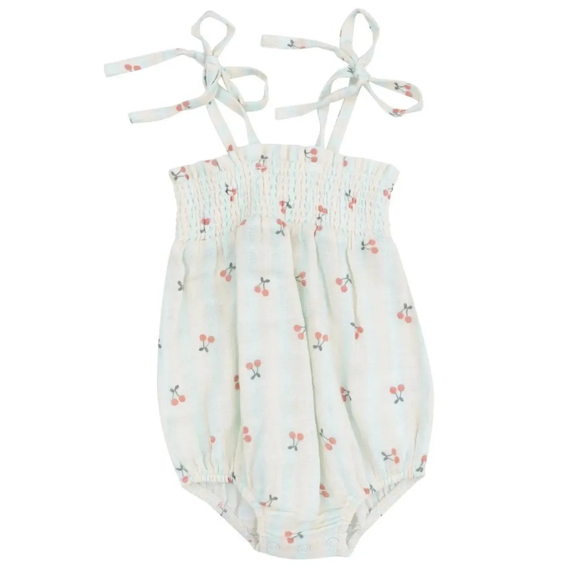 Angel Dear – Organic Tie-Strap Smocked Bubble Romper – Cherry Stripe