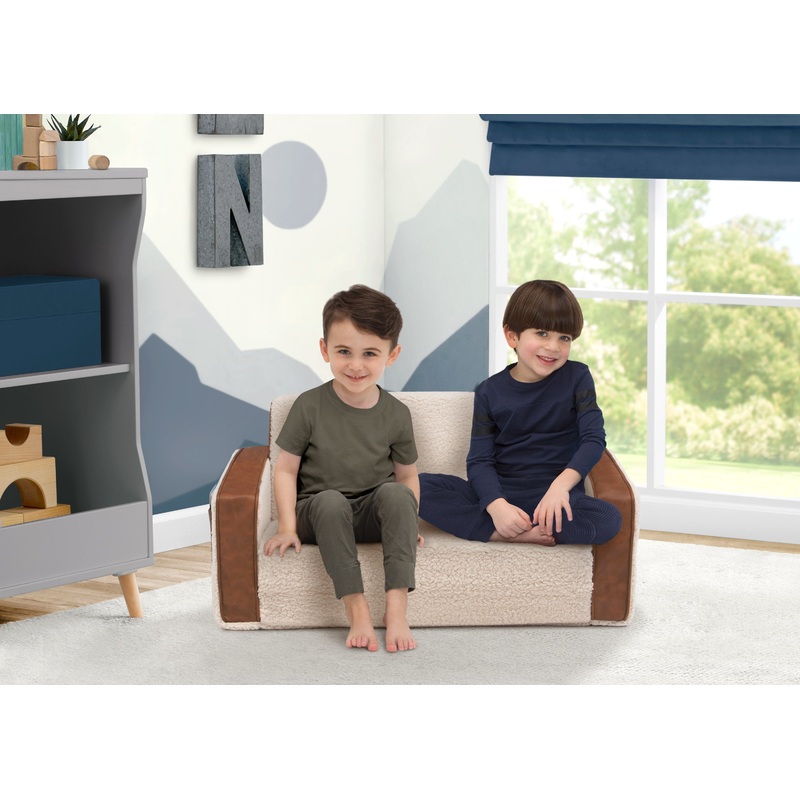 Cozee Flip-Out Sherpa and Leather 2-in-1 Convertible Sofa to Lounger for Kids