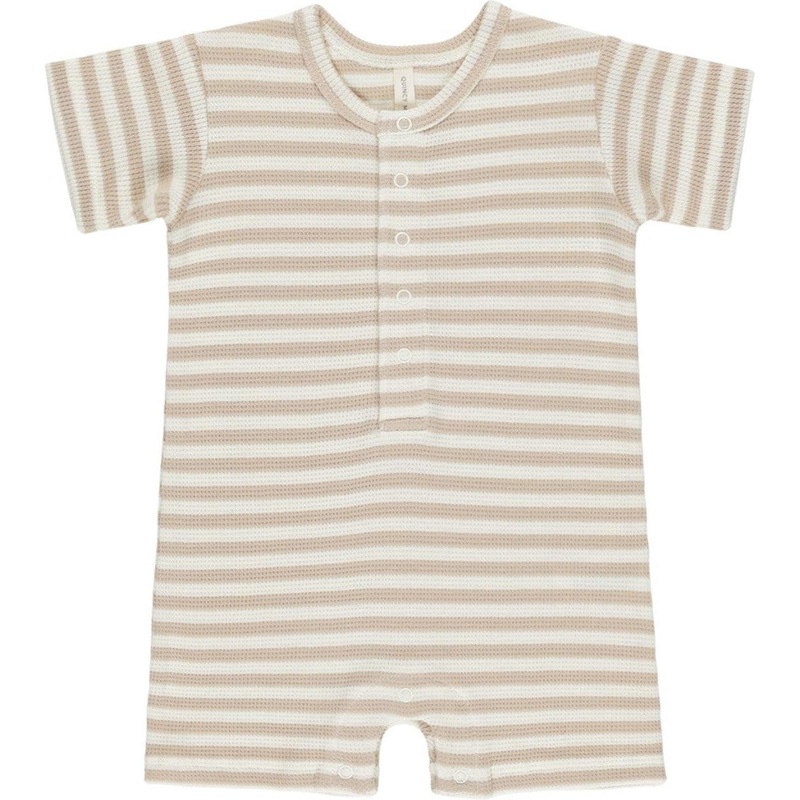 Quincy Mae Waffle Snap Romper || Oat Stripe