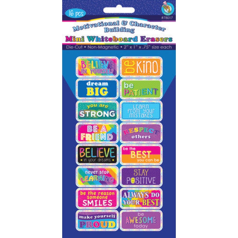 Non-Magnetic Mini Whiteboard Erasers, 16-Pack, Motivational & Character Building