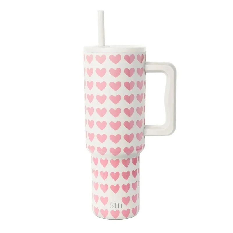 40oz Tumbler- Pink Hearts on White Straw